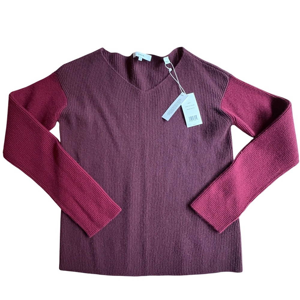 $345 NWT VINCE Womens SMALL Burgundy Red Colorblock Wool Cashmere V-Neck Sweater